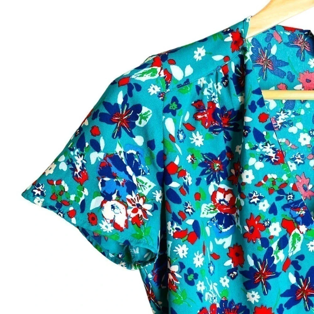 🍀J Crew Teal Floral Flutter Sleeve Wrap Dress Women’s Size 4